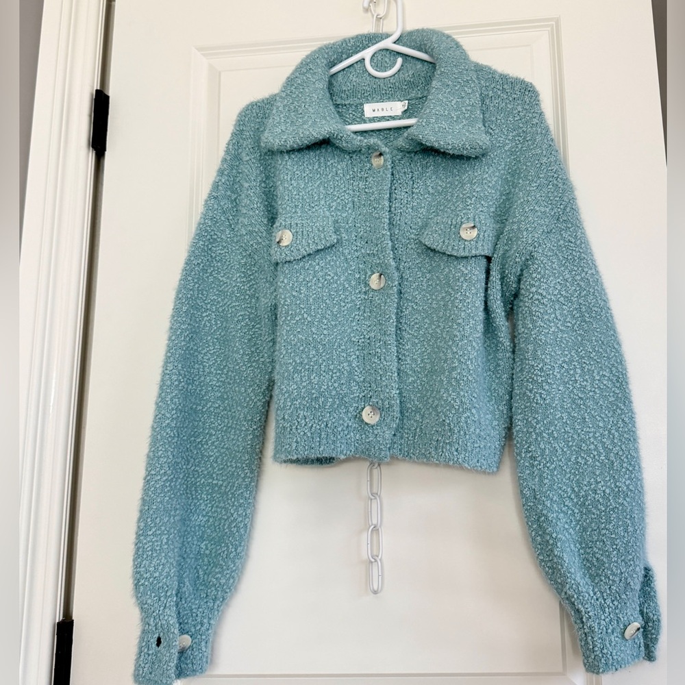 Urban Outfitters Mable Bouclé Blue Knit Pastel Button Up Cardigan Sweater NWOT